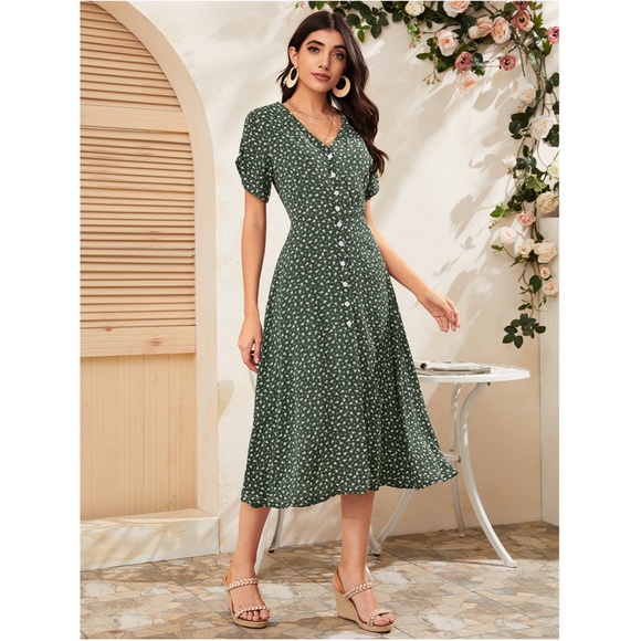 Green Floral Midi Dress Button Front V-Neck - Picture 3 of 10